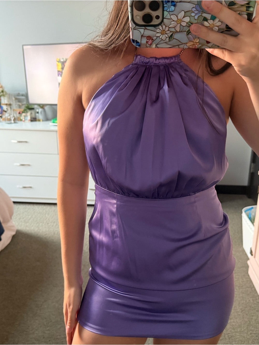 Retrofete Lavender Satin Halter Mini Dress
